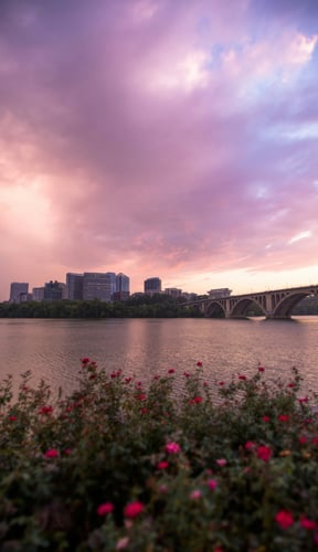 Arlington and Georgetown waterfront at sunset with pink and purple sky