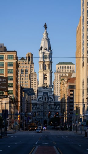 Philadelphia City Hall clock tower at golden hour framed by downtown buildings