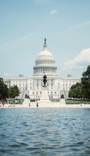 US Capitol building reflected in the pool on a clear day
